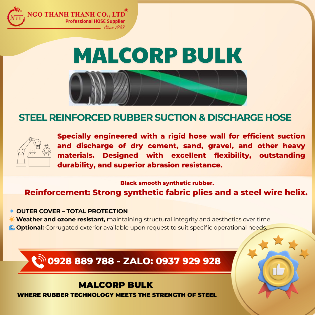 MALCORP BULK  STEEL REINFORCED RUBBER SUCTION  DISCHARGE HOSE CEMENT  BULK MATERIAL NGOTHANHTHANH.VN