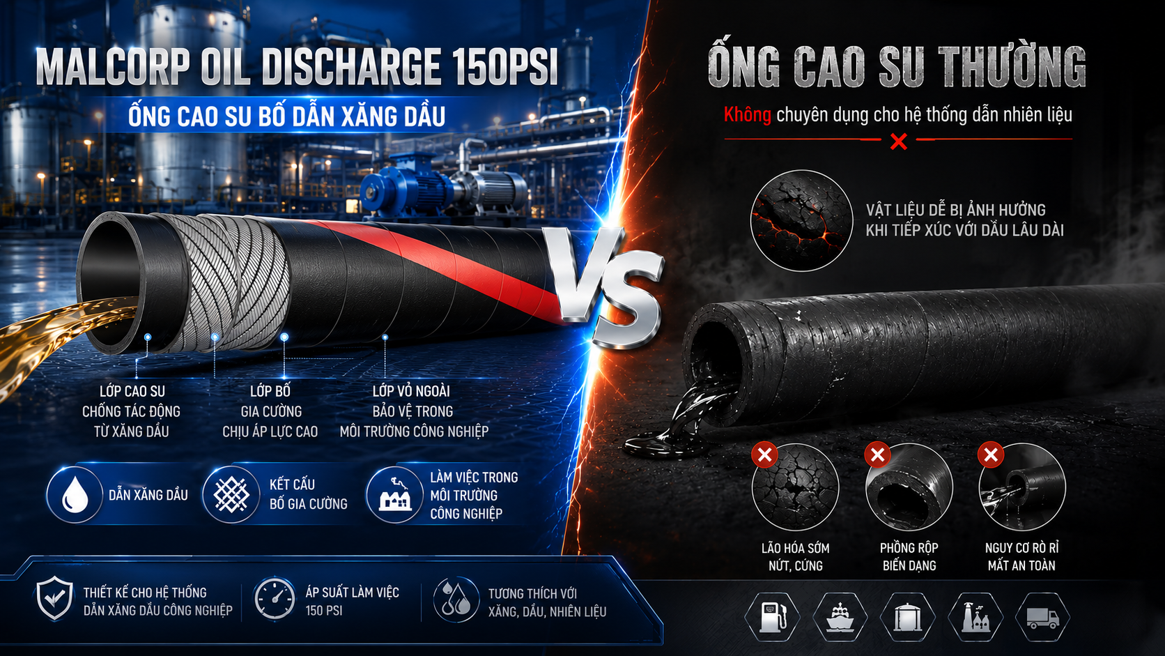 MALCORP OIL DISCHARGE 150PSI - ỐNG CAO SU BỐ DẪN XĂNG DẦU