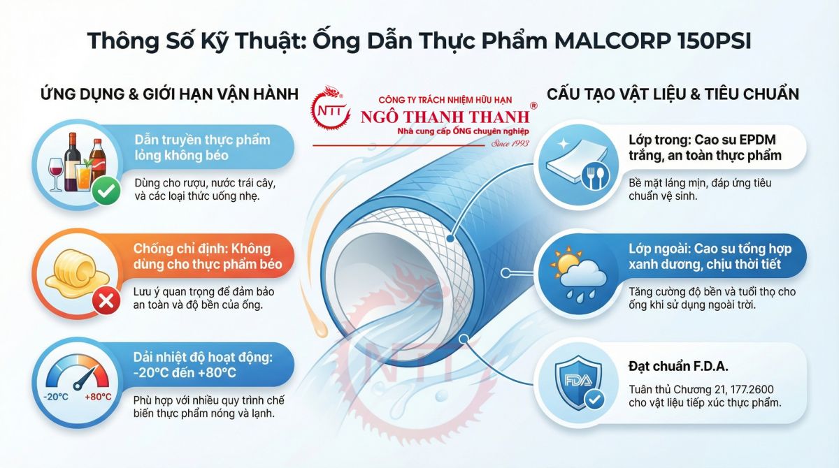 Ống Dẫn Thực Phẩm MALCORP 150 PSI | An To&agrave;n Chuẩn F.D.A
