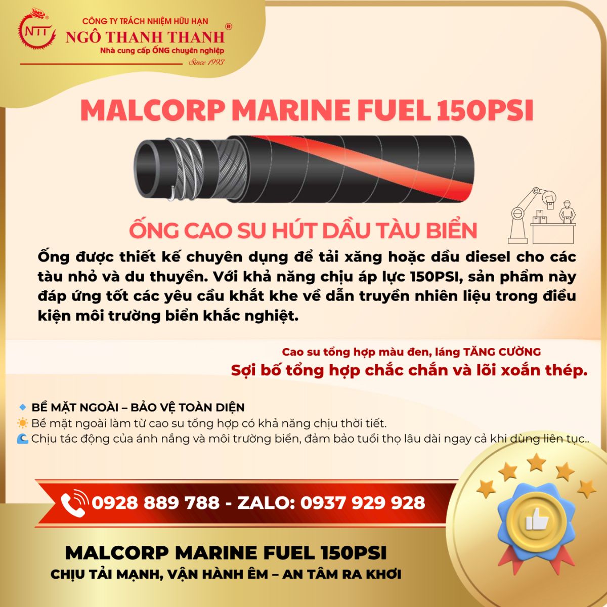 MALCORP MARINE FUEL 150PSI – Ống Cao Su Hút Dầu Tàu Biển Bền Bỉ, An Toàn